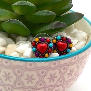 Beaded Heart Earrings Southwest Style Multicolor